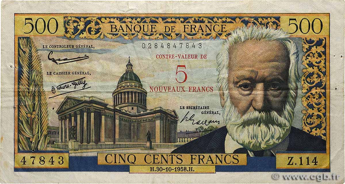 5 NF sur 500 Francs Victor HUGO FRANCE  1958 F.52.01 F+