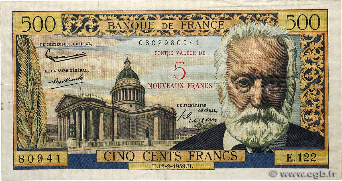 5 NF sur 500 Francs Victor HUGO FRANCE  1959 F.52.02 VF-