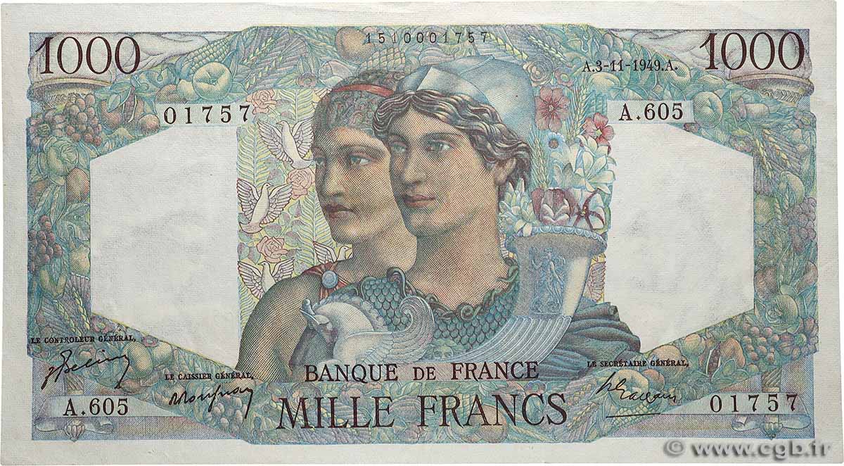 1000 Francs MINERVE ET HERCULE FRANCE  1949 F.41.29 XF