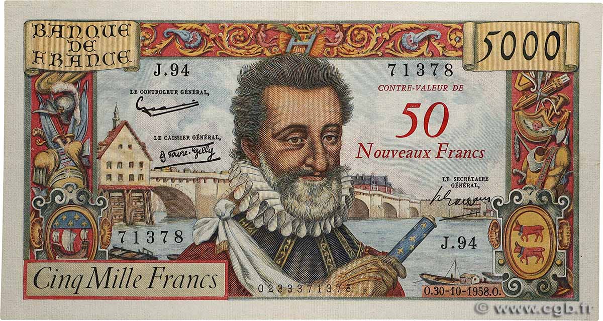 50 NF sur 5000 Francs HENRI IV FRANCE  1958 F.54.01 XF
