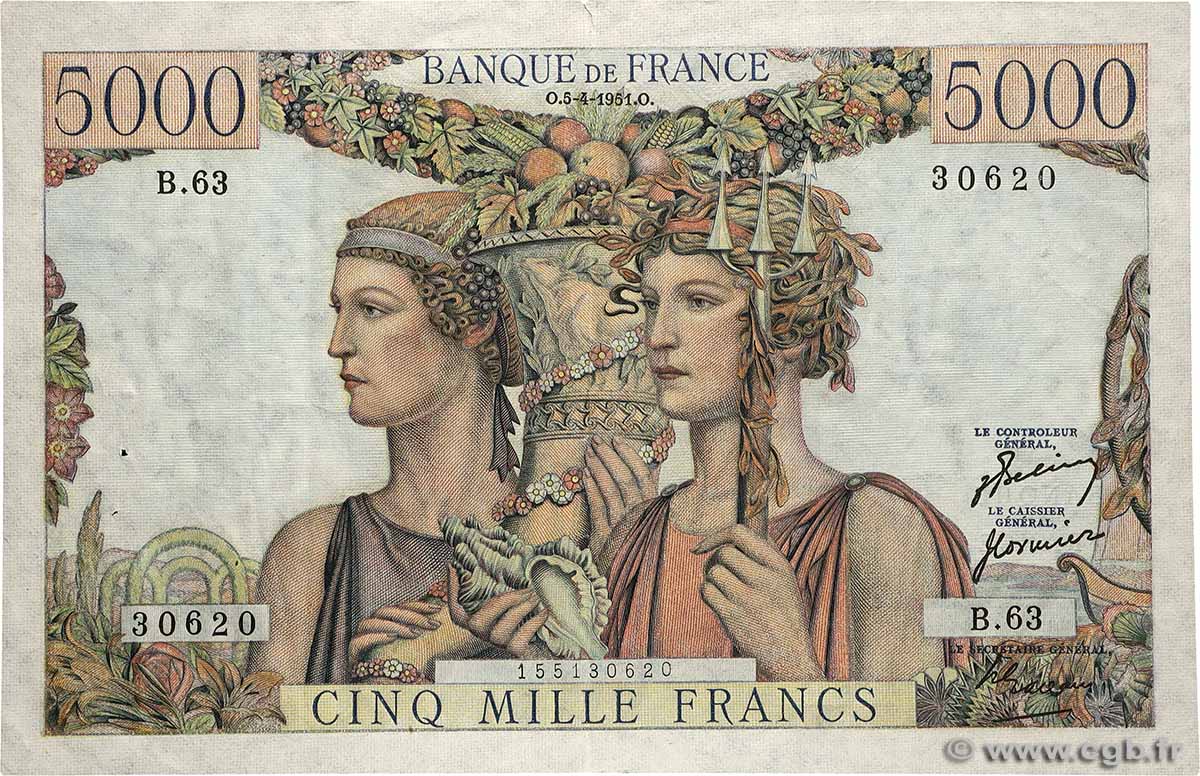 5000 Francs TERRE ET MER FRANCE  1951 F.48.04 VF