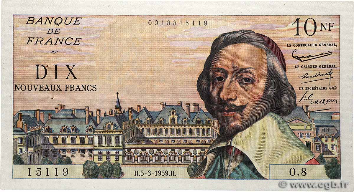 10 Nouveaux Francs RICHELIEU FRANCE  1959 F.57.01 XF