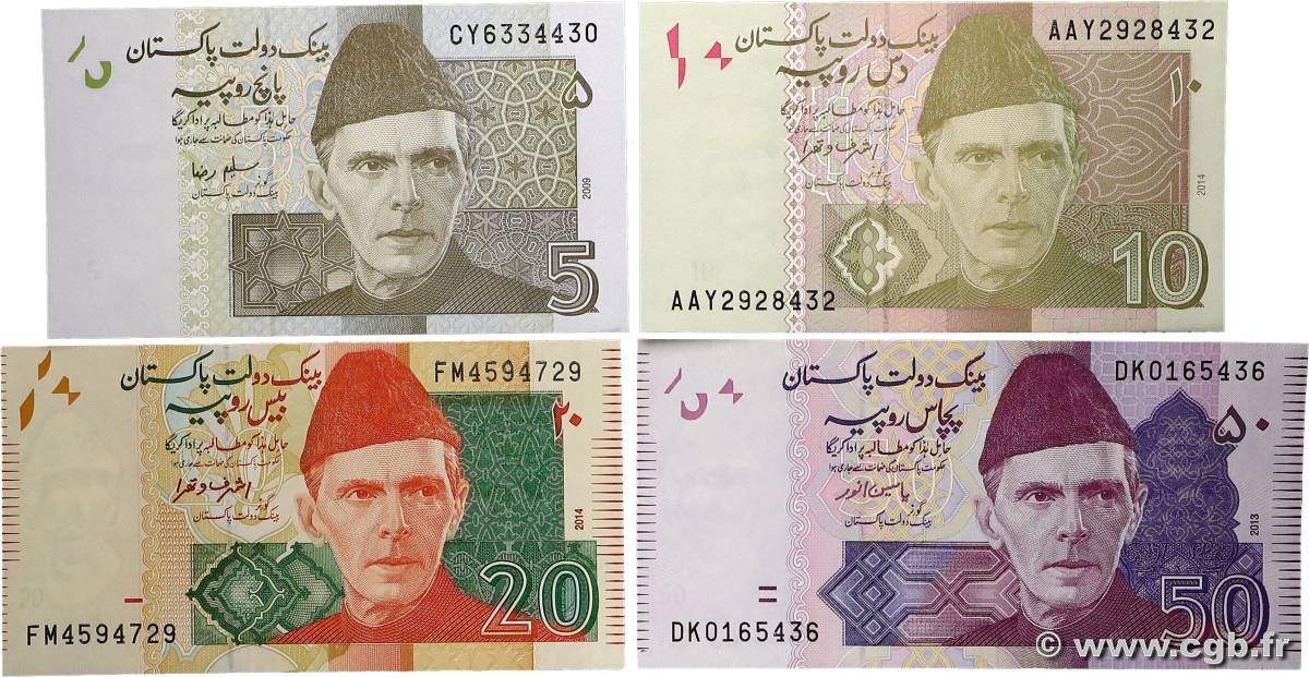 5 à 50 Rupees Lot PAKISTAN  2009 P.45i, P.47g, P.53b et P.55h FDC