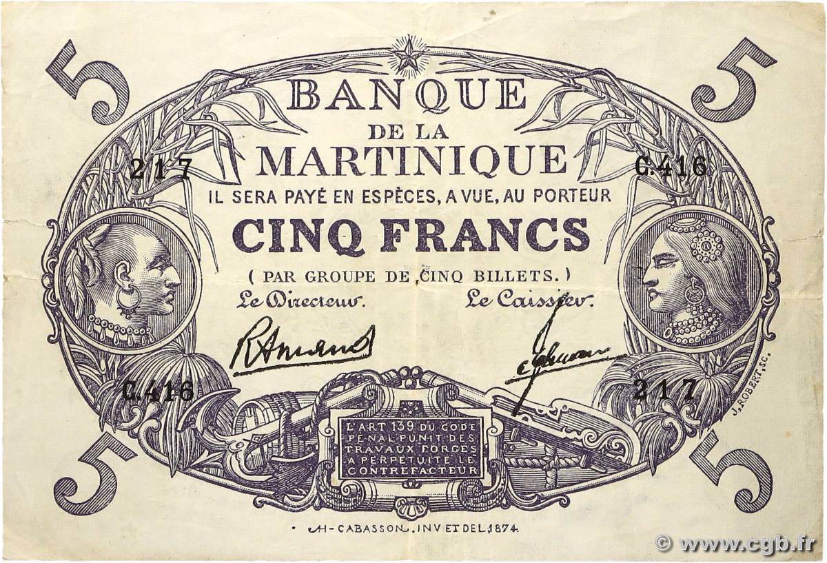 5 Francs Cabasson violet MARTINIQUE  1932 P.06 fSS