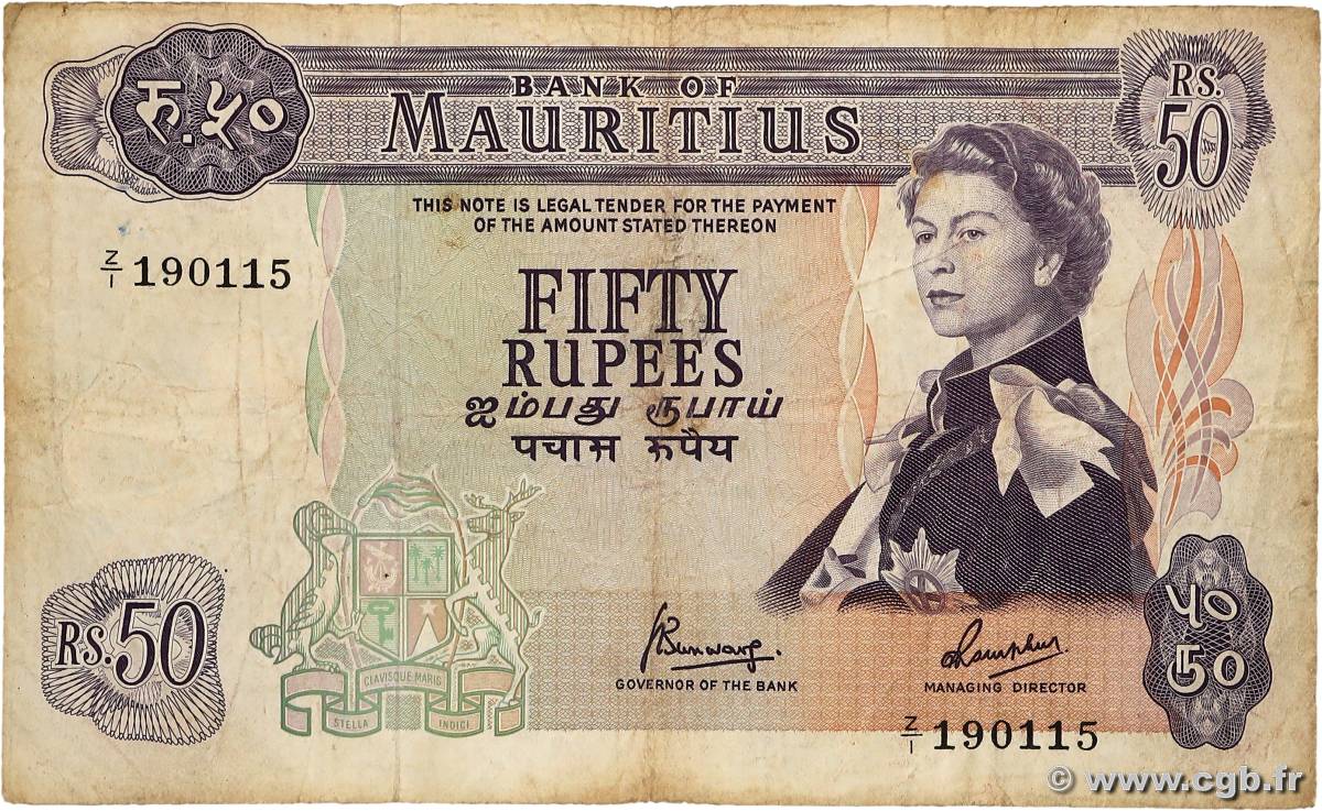 50 Rupees Remplacement MAURITIUS  1967 P.33cr RC+