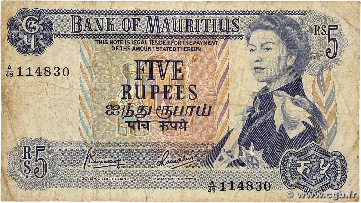 5 Rupees ISOLE MAURIZIE  1973 P.30c q.MB