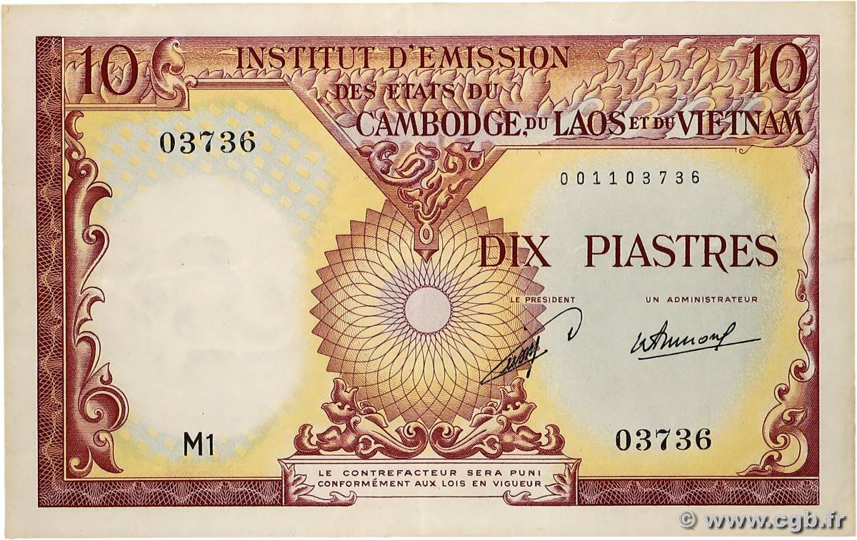10 Piastres - 10 Dong INDOCINA FRANCESE  1953 P.107 q.SPL