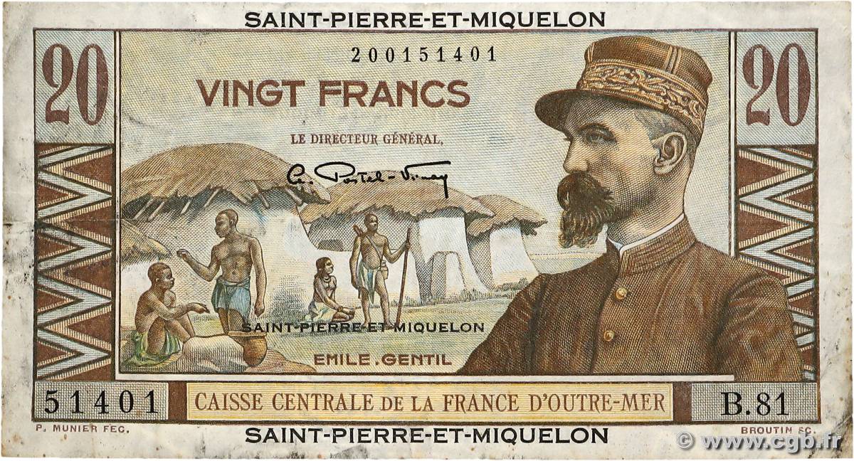 20 Francs Émile Gentil SAINT PIERRE ET MIQUELON  1946 P.24 TB