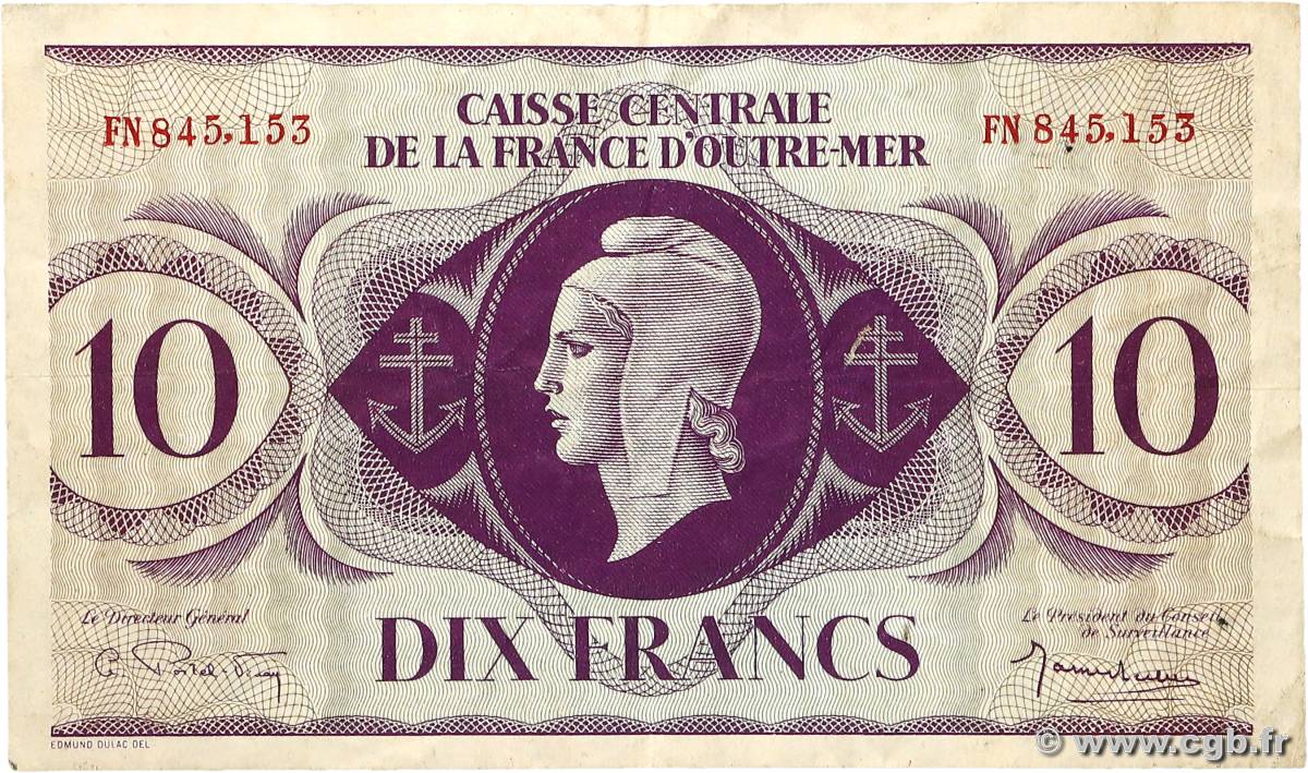 10 Francs Marianne CCFOM AFRIQUE ÉQUATORIALE FRANÇAISE  1944 A.125b SS