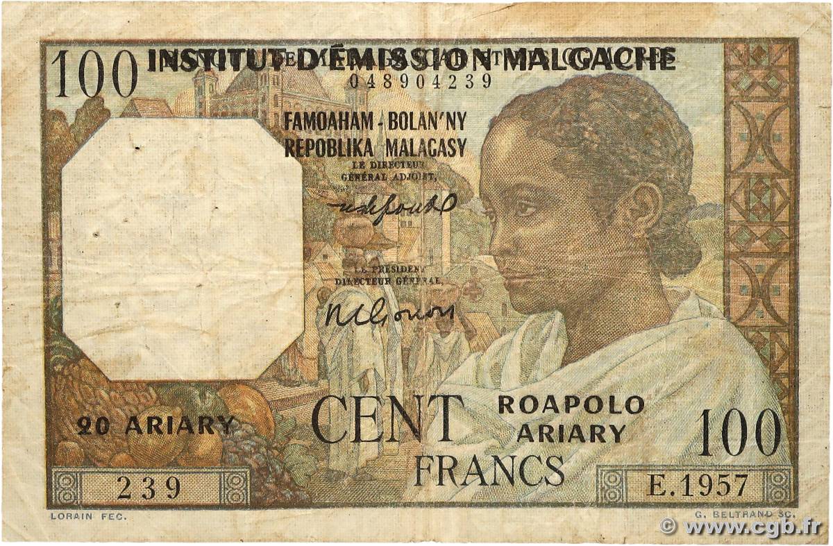 100 Francs - 20 Ariary MADAGASCAR  1961 P.052 B+