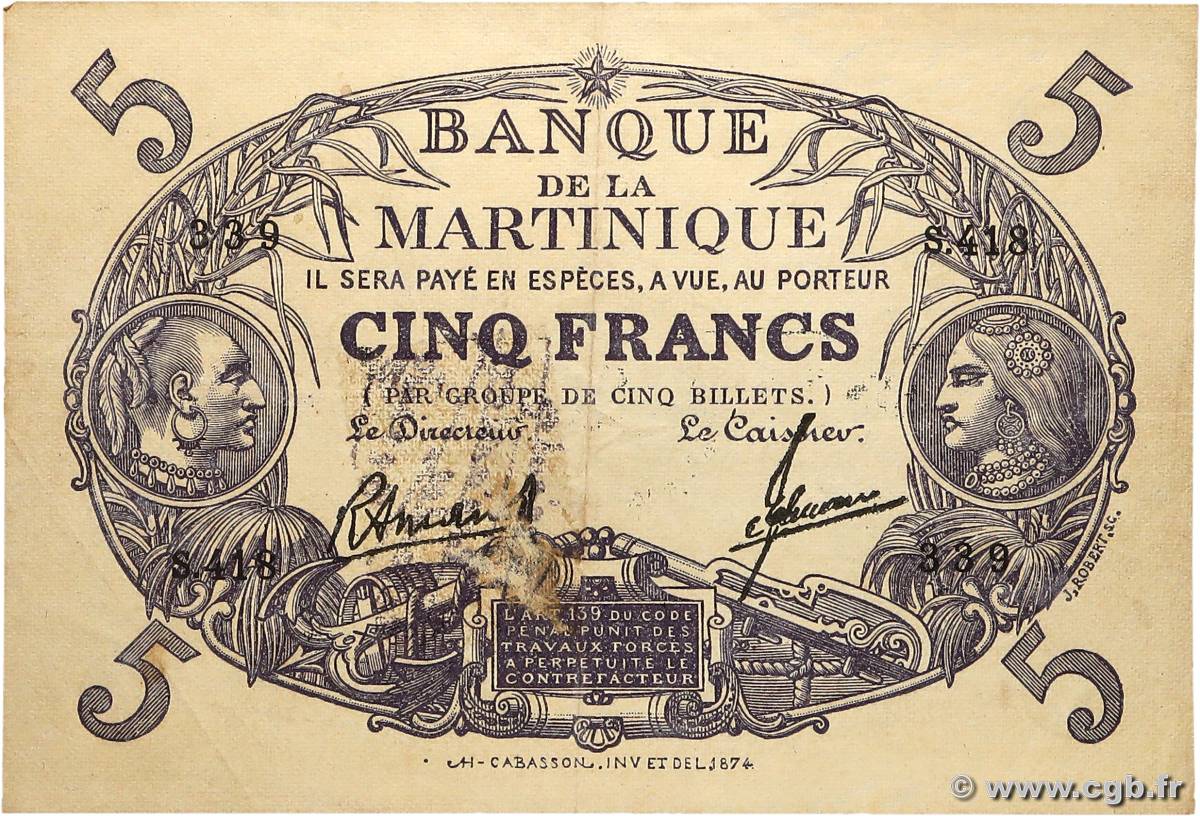 5 Francs Cabasson violet MARTINIQUE  1934 P.06 VZ