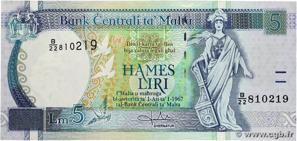 5 Liri MALTE  1994 P.46b SPL+