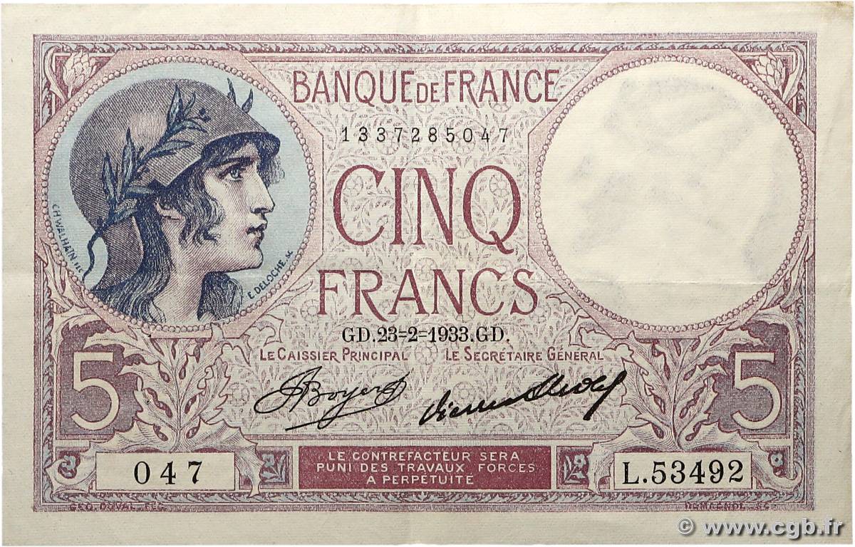 5 Francs FEMME CASQUÉE FRANCE  1933 F.03.17 SUP