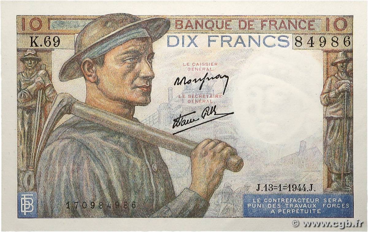 10 Francs MINEUR FRANCE  1944 F.08.10 SPL+