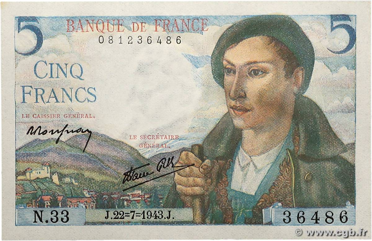 5 Francs BERGER FRANCE  1943 F.05.02 NEUF