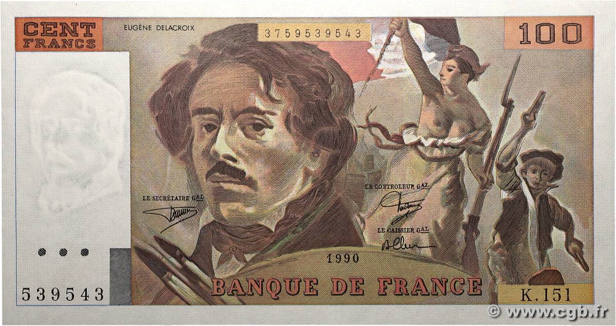 100 Francs DELACROIX imprimé en continu FRANCIA  1990 F.69bis.02a SC+