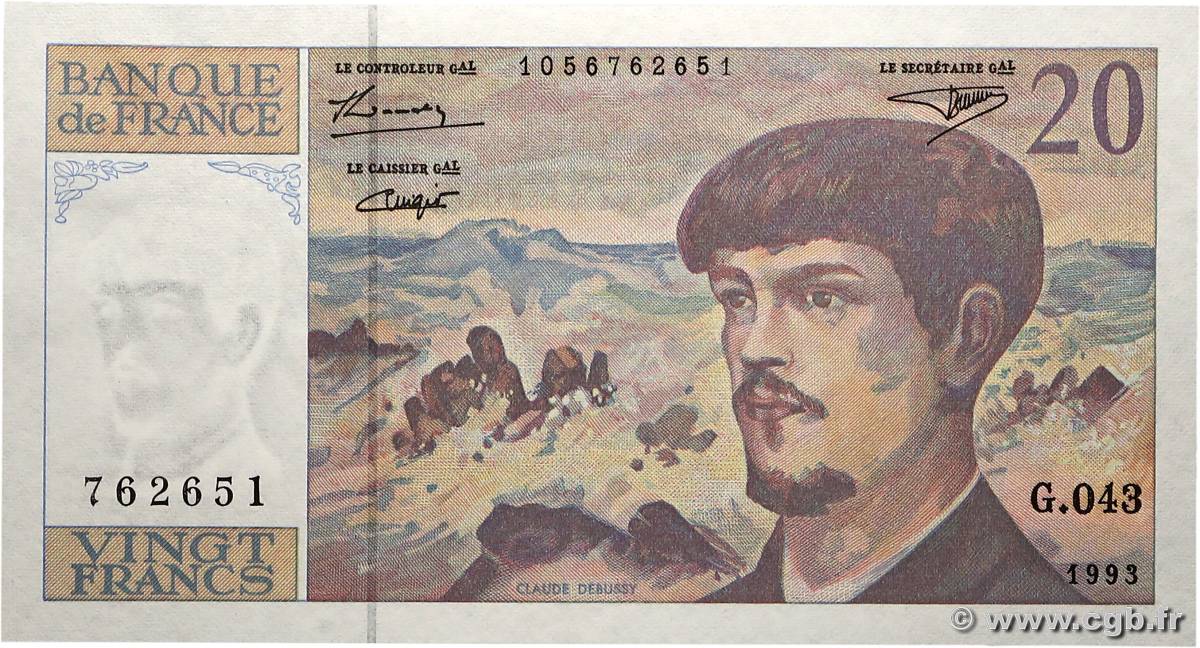 20 Francs DEBUSSY à fil de sécurité FRANCE  1993 F.66bis.05 pr.NEUF
