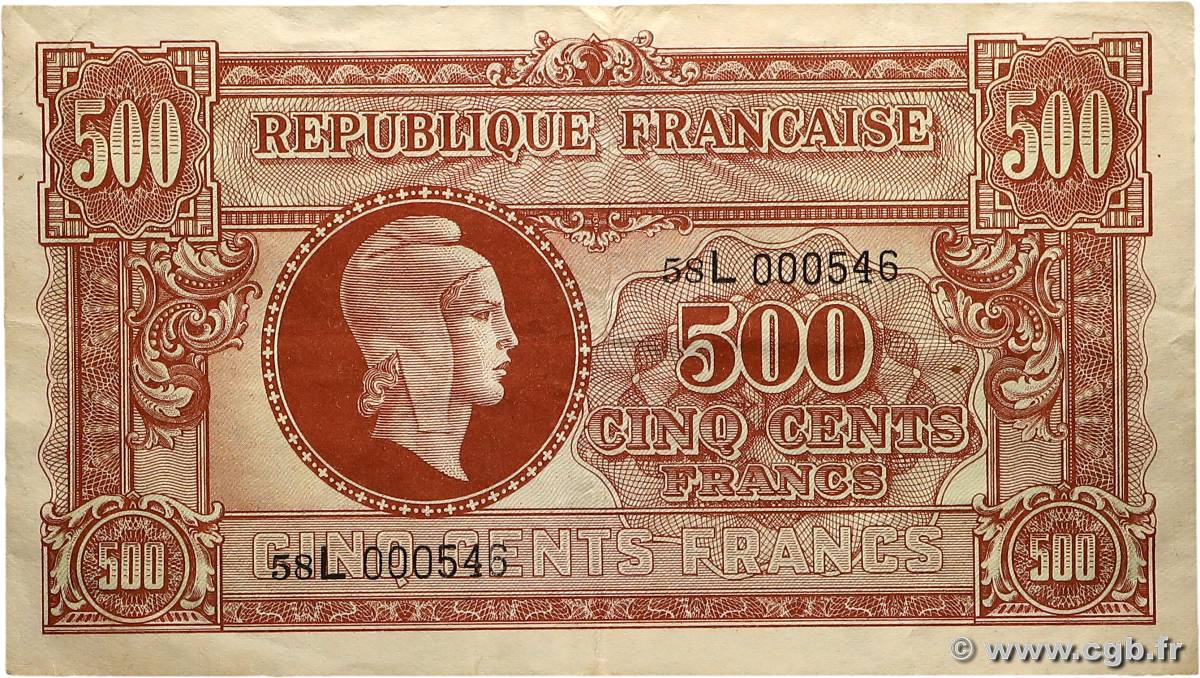 500 Francs MARIANNE fabrication anglaise FRANCE  1945 VF.11.01 TTB+