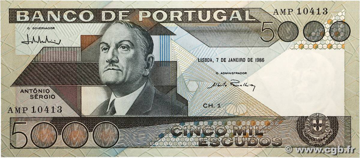 5000 Escudos PORTUGAL  1986 P.182e pr.NEUF