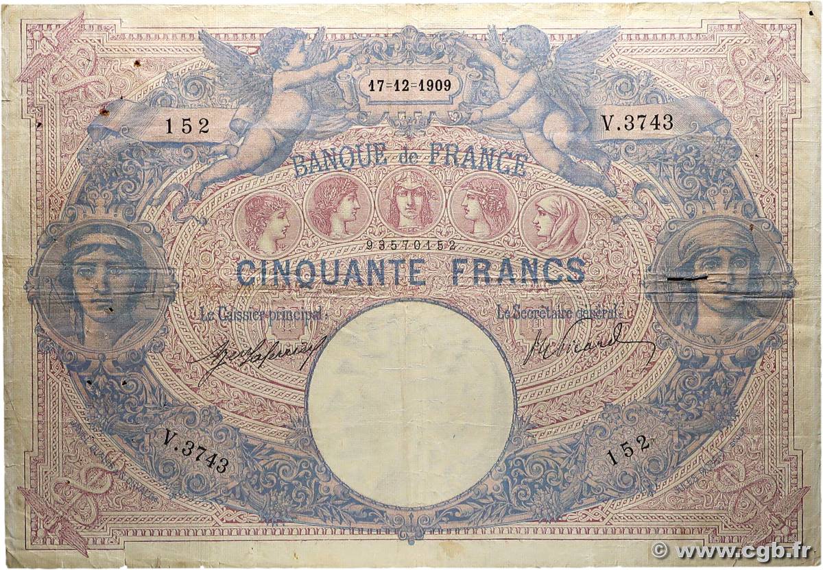 50 Francs BLEU ET ROSE FRANCE  1909 F.14.22 TB