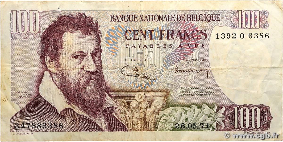 100 Francs BELGIUM  1971 P.134b F