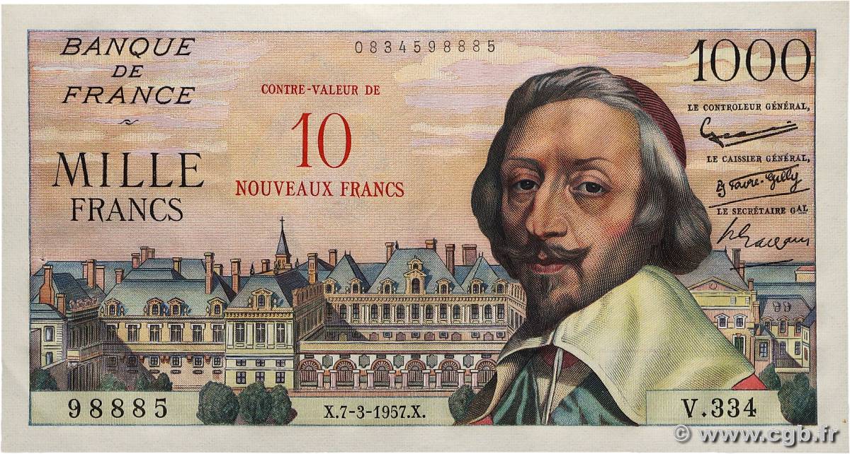 10 NF sur 1000 Francs RICHELIEU FRANKREICH  1957 F.53.01 VZ+