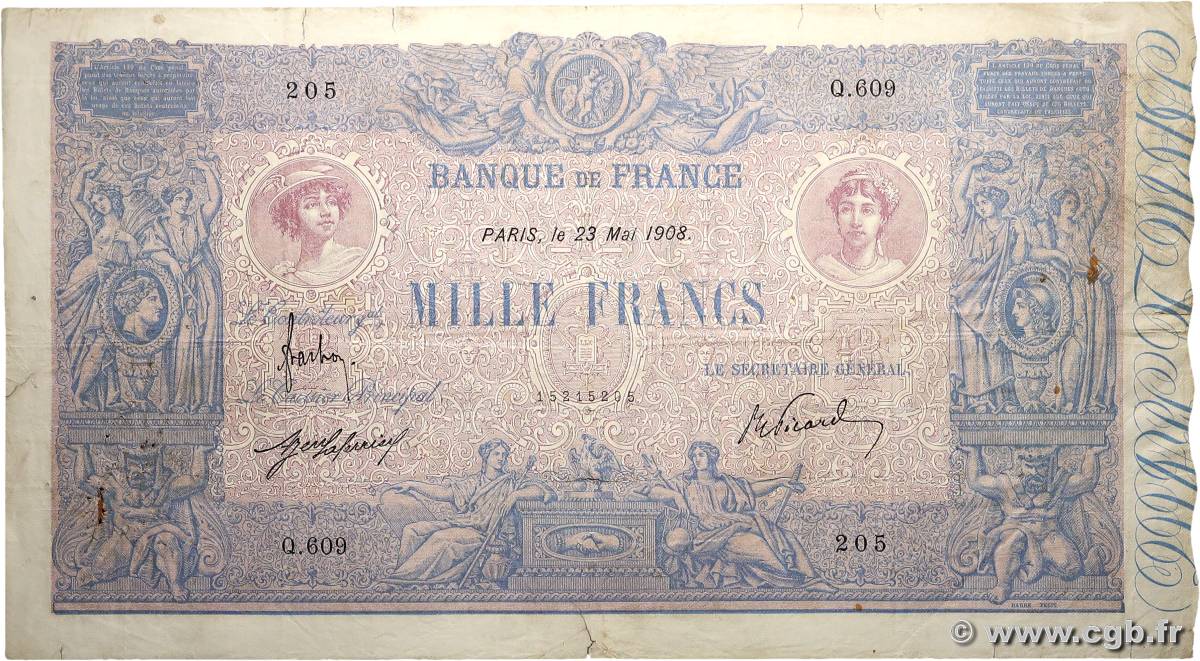 1000 Francs BLEU ET ROSE FRANCE  1908 F.36.22 TB