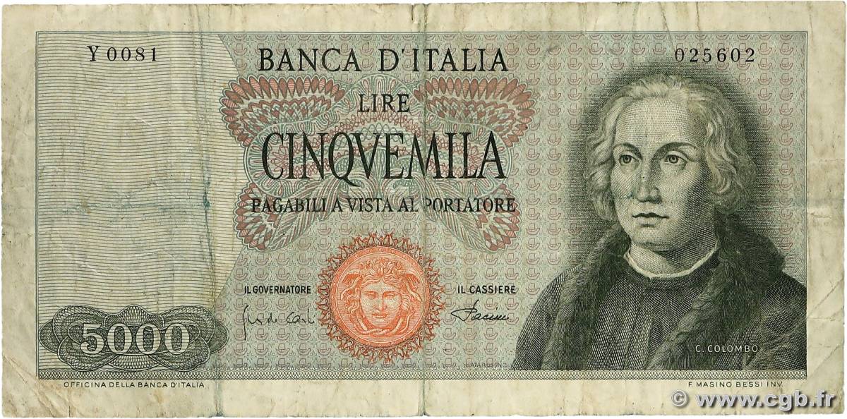 5000 Lire ITALIA  1968 P.098b BC