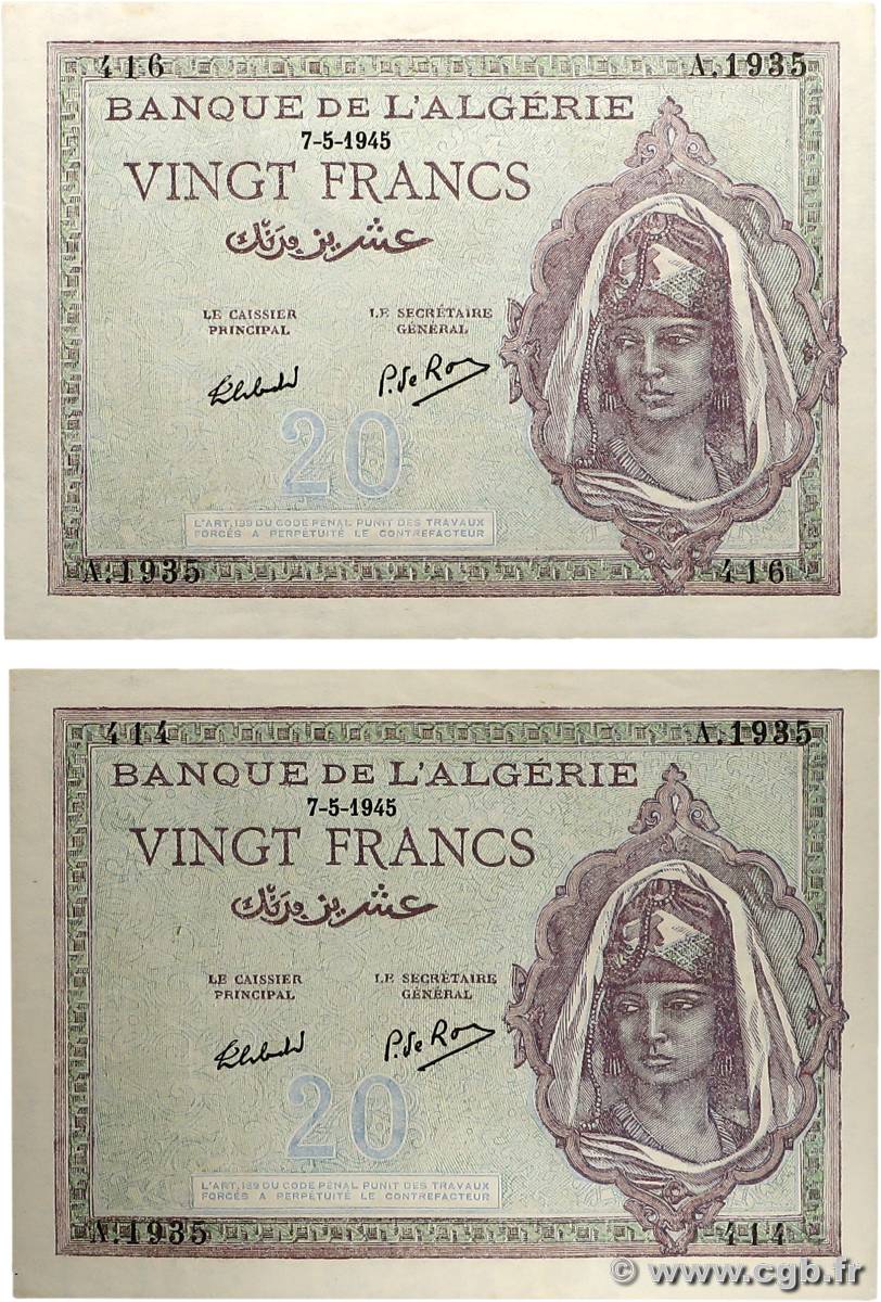 20 Francs Lot ALGÉRIE  1945 P.092b SPL