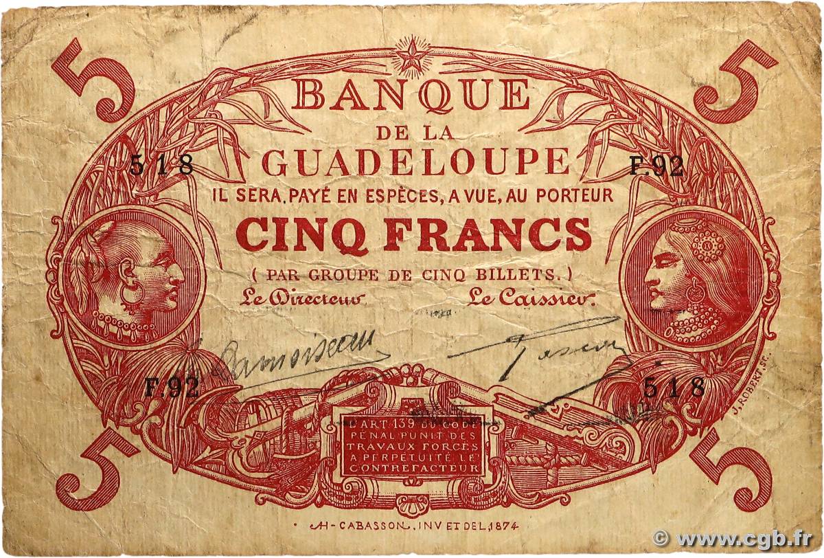 5 Francs Cabasson rouge GUADELOUPE  1928 P.07b RC+
