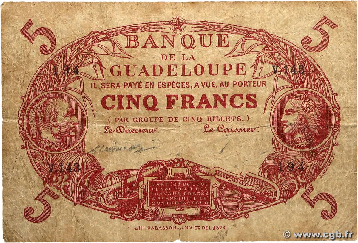 5 Francs Cabasson rouge GUADELOUPE  1934 P.07d VG