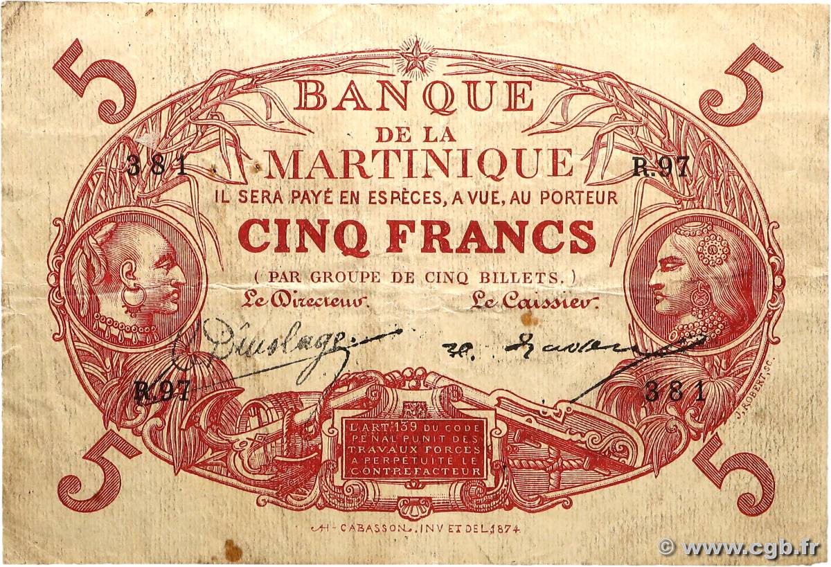 5 Francs Cabasson rouge MARTINIQUE  1922 P.06A TB