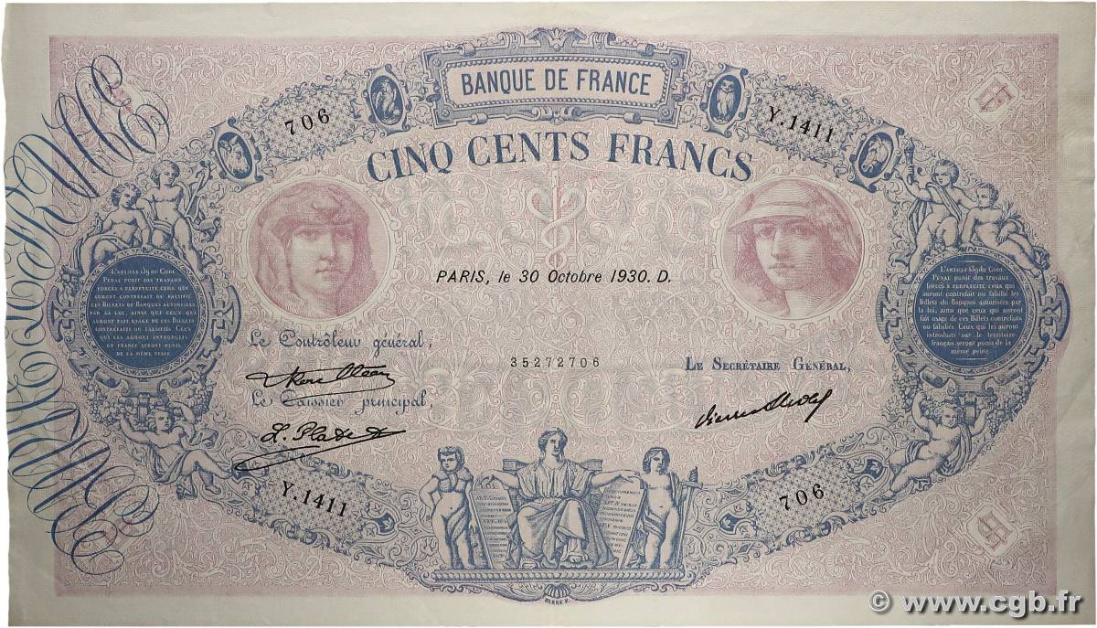 500 Francs BLEU ET ROSE FRANCE  1930 F.30.33 pr.SUP