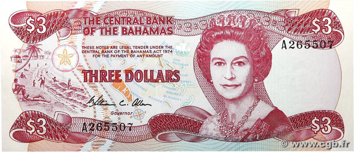 3 Dollars BAHAMAS  1984 P.44a pr.NEUF
