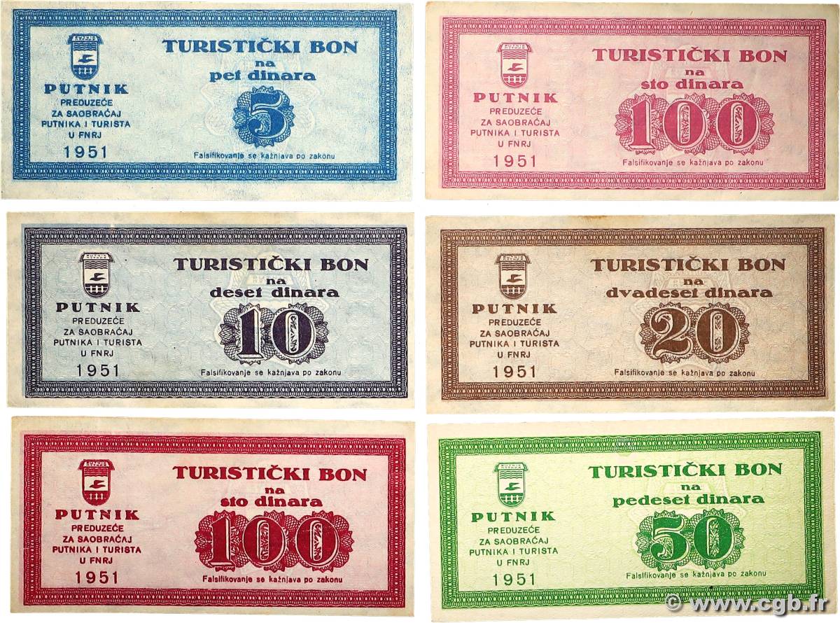 5, 10, 20, 50 et 100 Dinara Lot YUGOSLAVIA  1951 P.FX.NL  XF
