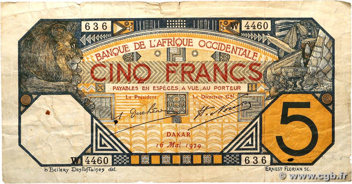 5 Francs DAKAR AFRIQUE OCCIDENTALE FRANÇAISE (1895-1958) Dakar 1929 P.05Bf TB
