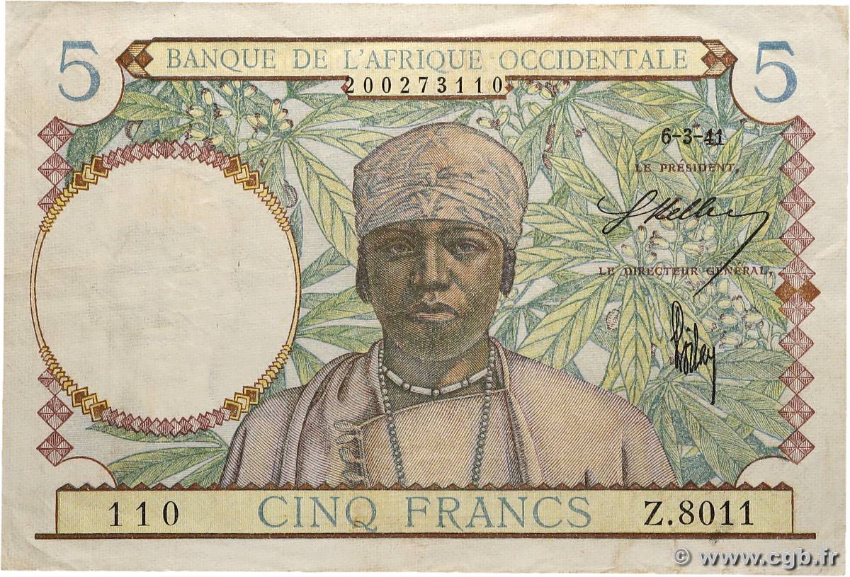 5 Francs FRENCH WEST AFRICA (1895-1958)  1941 P.25 VF