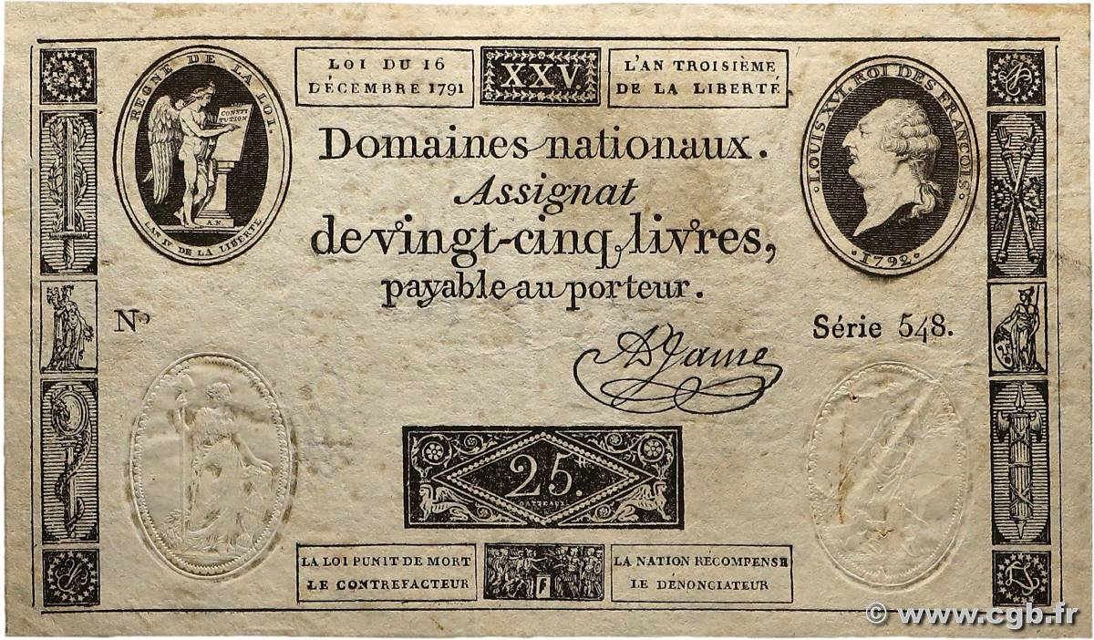 25 Livres FRANCE  1791 Ass.22a VF