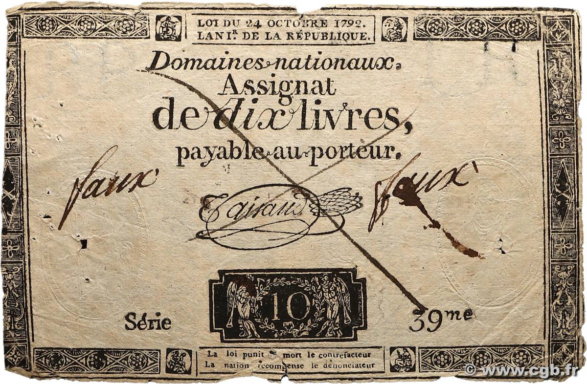 10 Livres filigrane républicain  Faux FRANCE  1792 Ass.36f B+