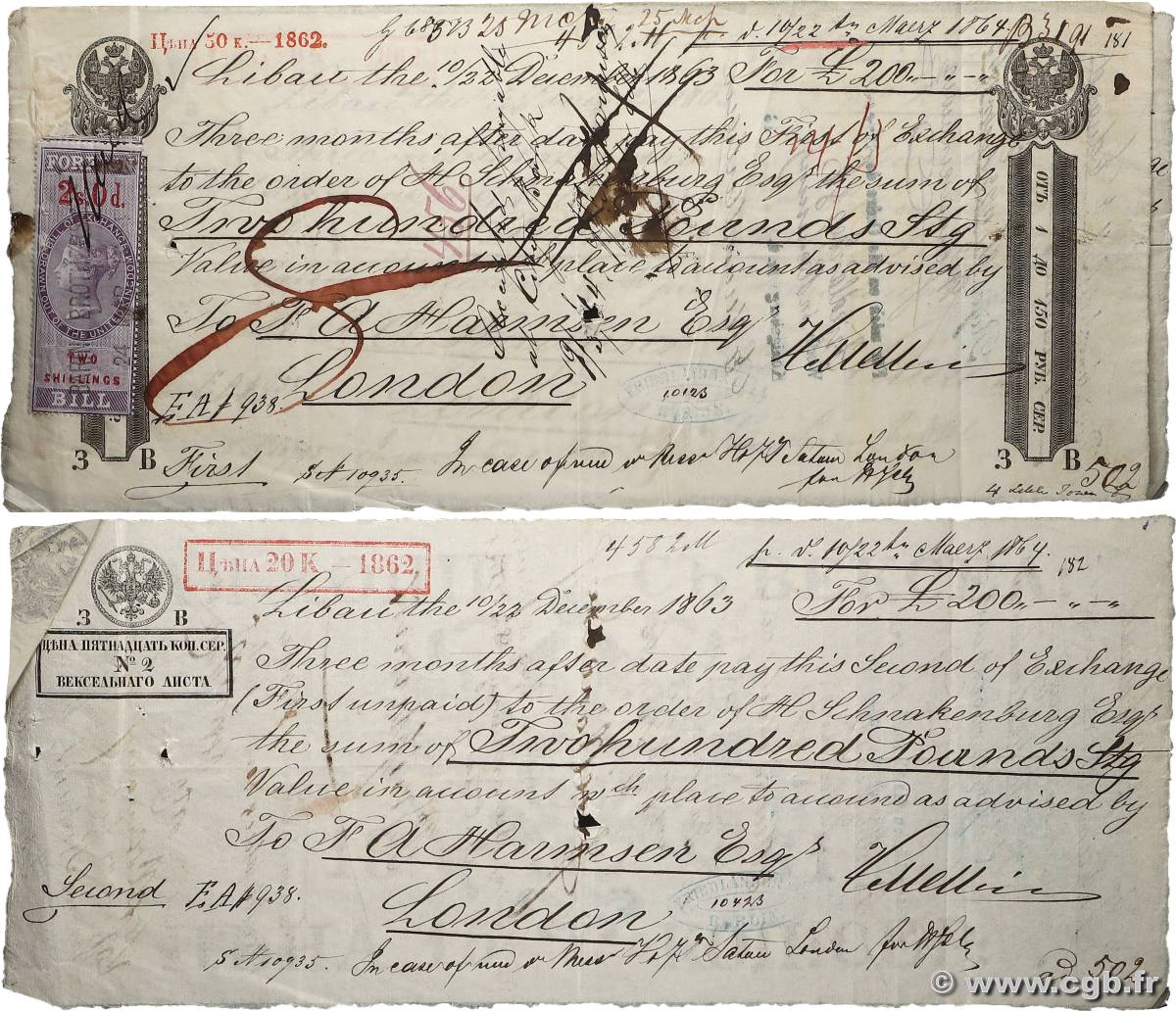20 et 50 Kopeek - 2 Shillings Lot RUSSIE Liepāja - Londres 1863 P.- TB+