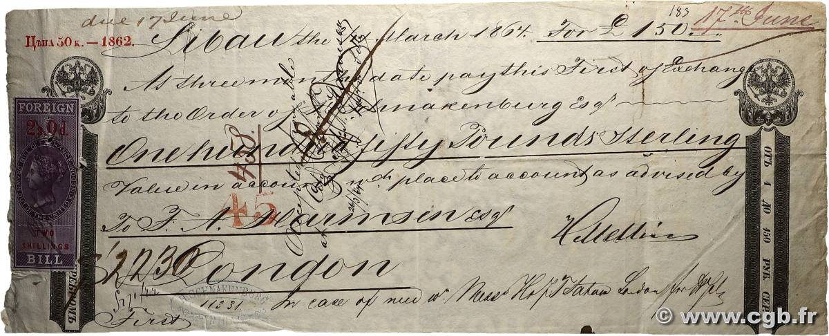 50 Kopeek - 2 Shillings RUSSIE Liepāja - Londres 1864 P.- TB+