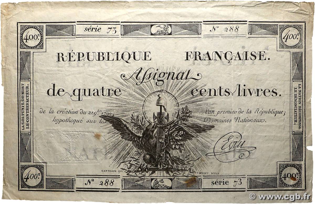 400 Livres FRANCE  1792 Ass.38a VF