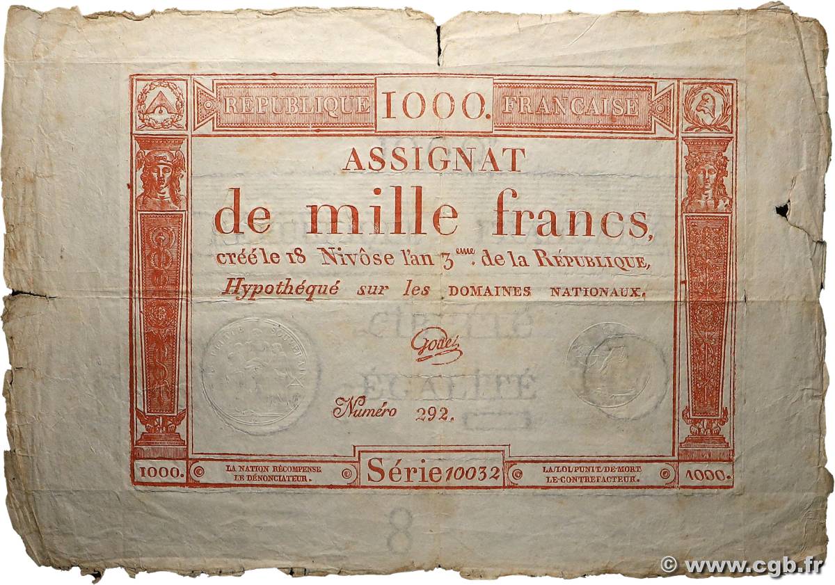 1000 Francs FRANCE  1795 Ass.50a TB+