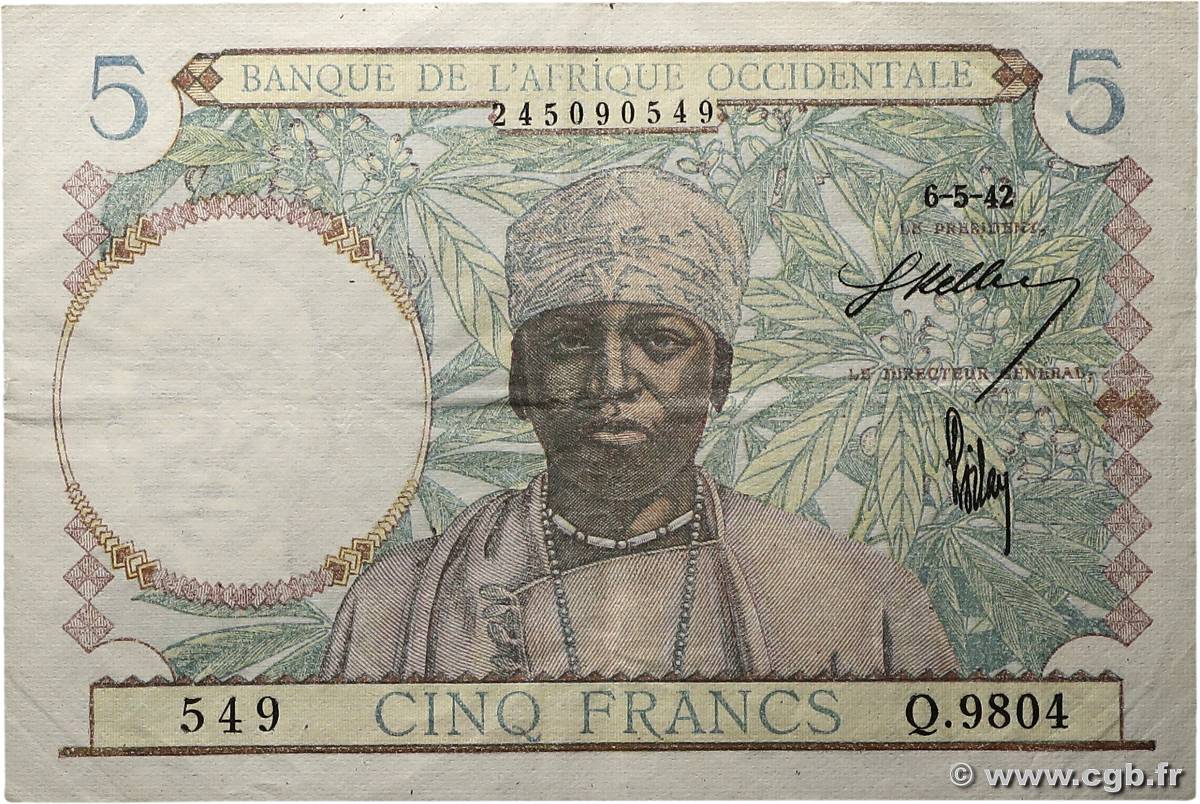 5 Francs FRENCH WEST AFRICA (1895-1958)  1942 P.25 VF+
