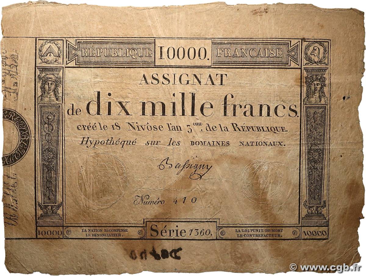 10000 Francs FRANCE  1795 Ass.52a TB