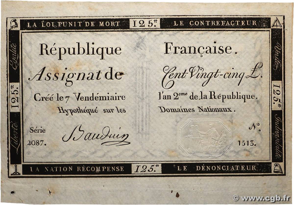 125 Livres FRANCE  1793 Ass.44a SUP