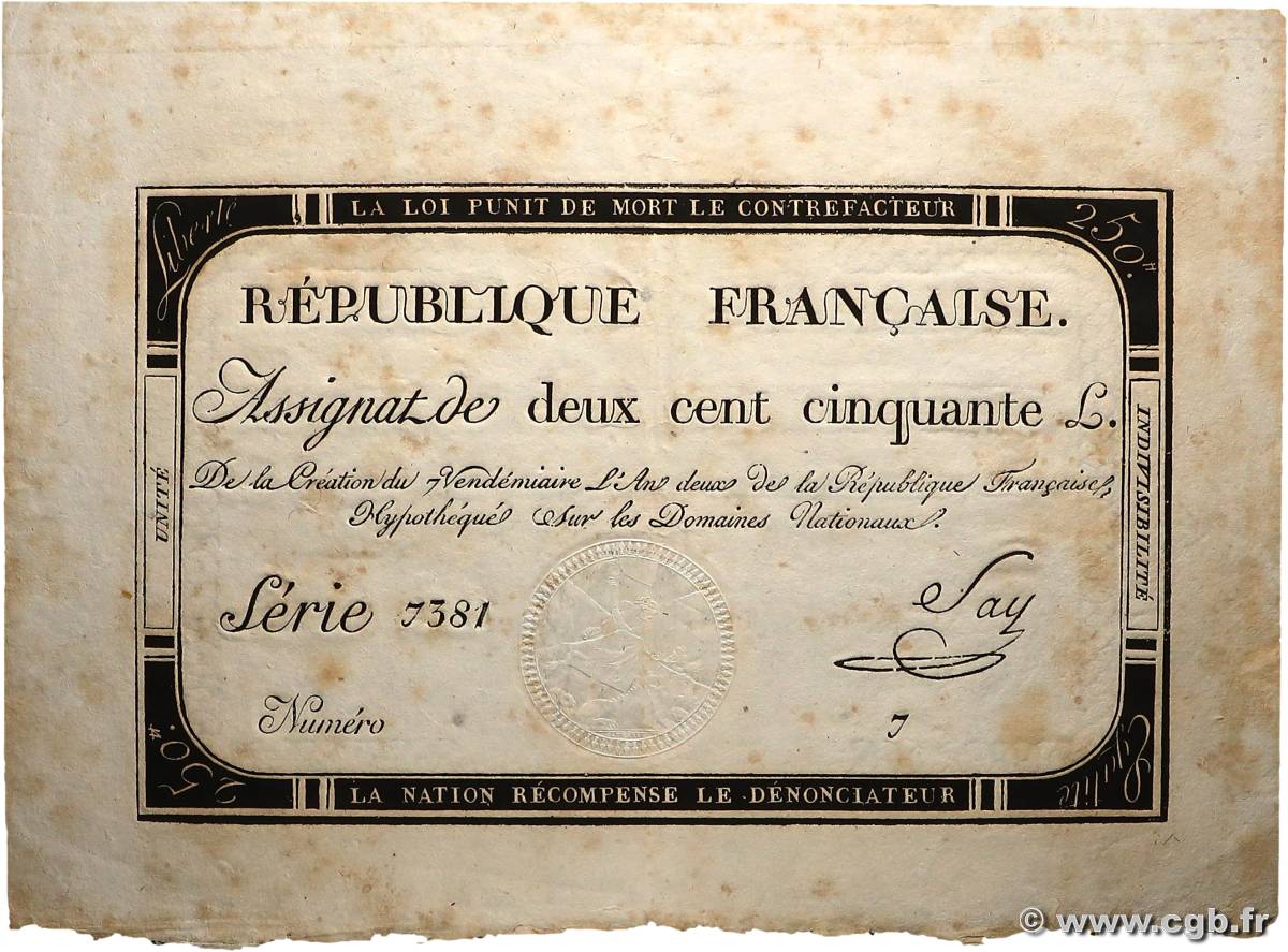 250 Livres FRANCIA  1793 Ass.45a q.AU