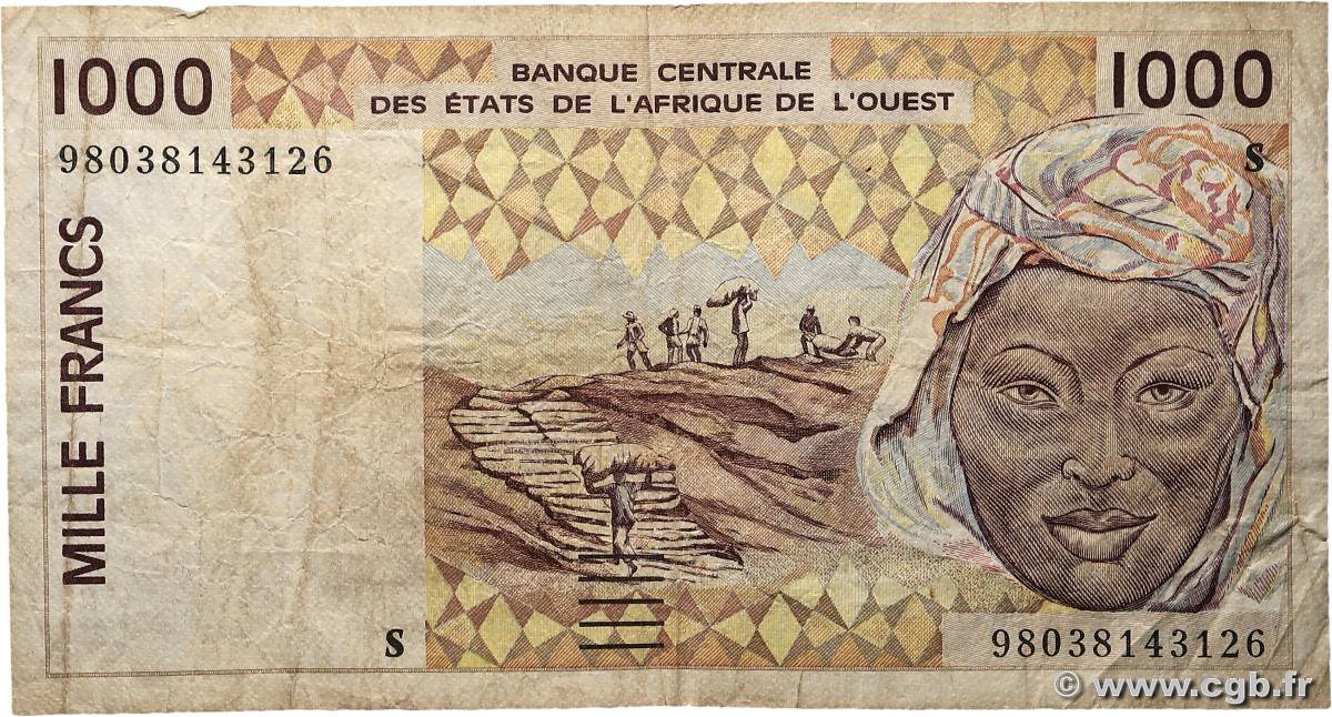 1000 Francs WEST AFRICAN STATES  1998 P.911Sb VG