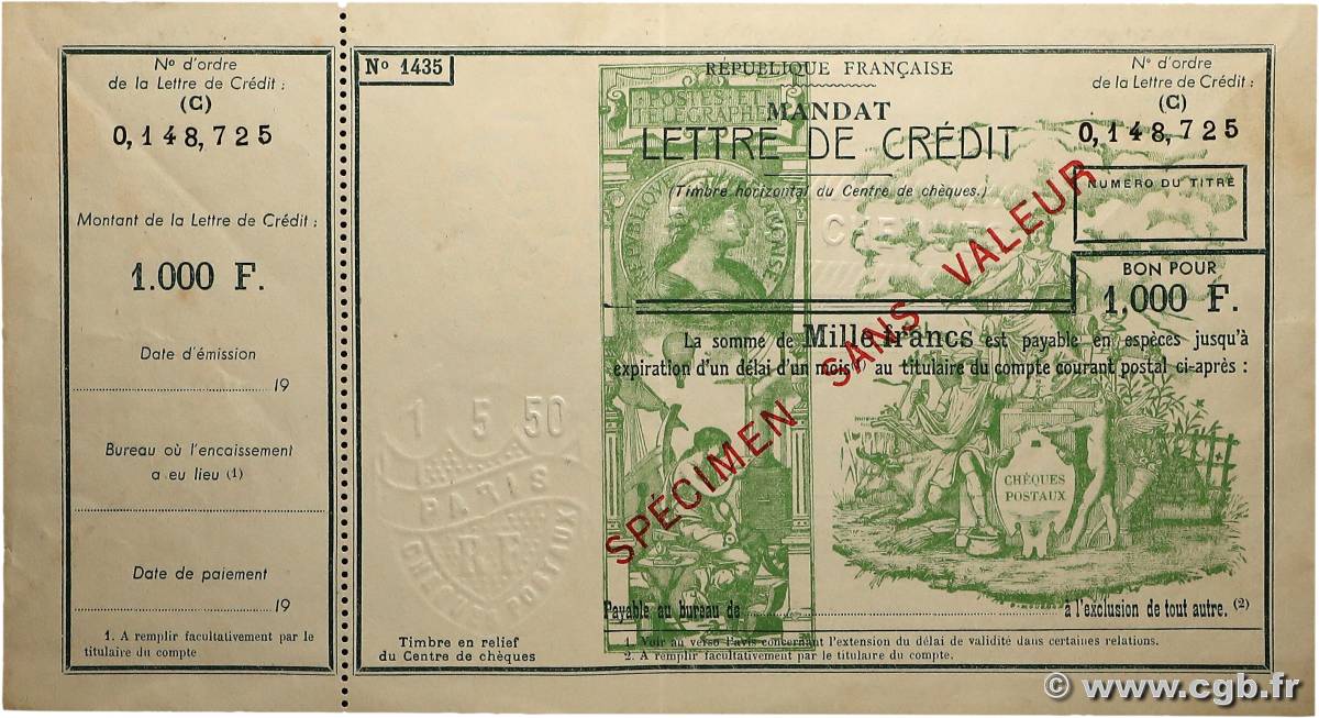 1000 Francs Spécimen FRANCE régionalisme et divers  1950 DOC.Chèque SUP