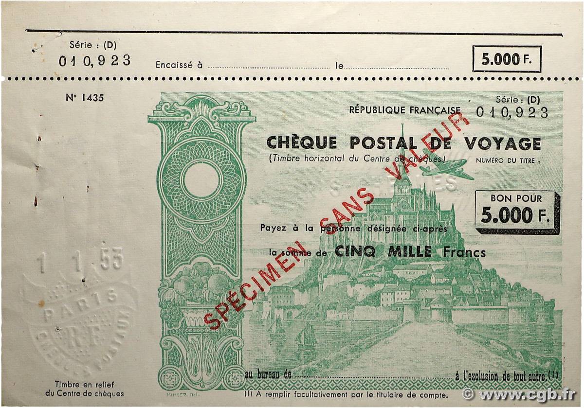 5000 Francs Spécimen FRANCE régionalisme et divers  1950 DOC.Chèque SUP